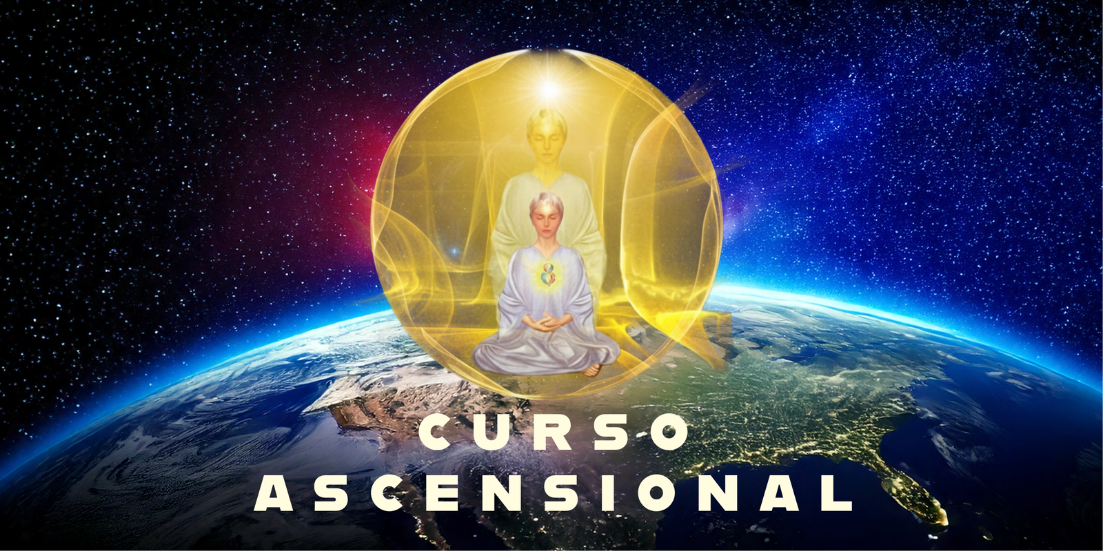 Banner do Curso Ascensional com elementos de cura e geometria sagrada
